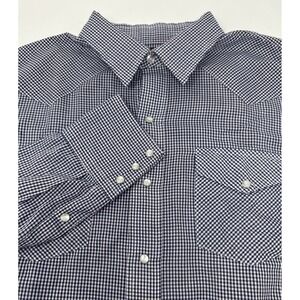 Karman Western Pearl Snap Shirt Mens‎ Large Navy Gingham Check Long Sleeve USA